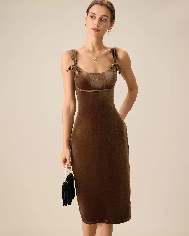 ladies-bodycon-dress-dinner-dazzle-Brown Velvet Bodycon Midi Dress