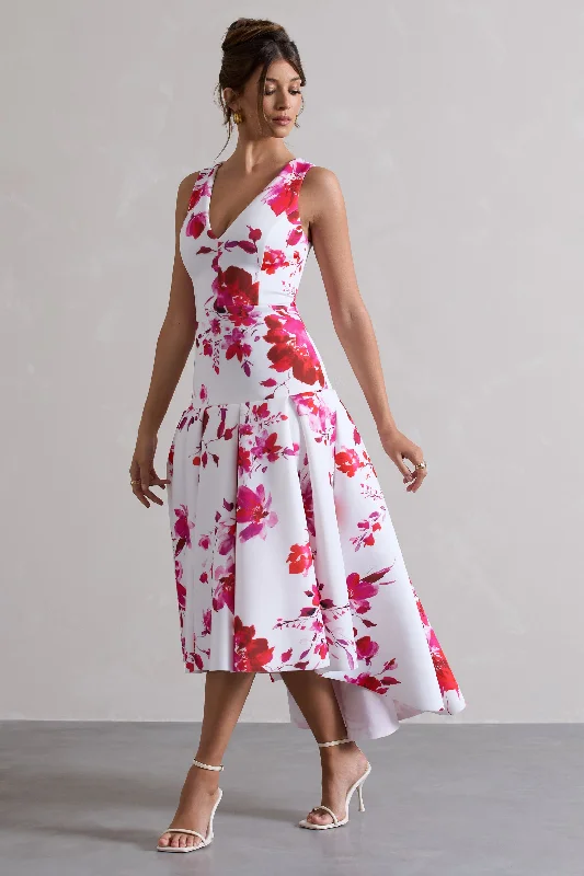 ladies-maxi-dress-versatile-vibe-Amoret | Pink Floral Print Plunge-Neck Maxi Dress With Volume Hem