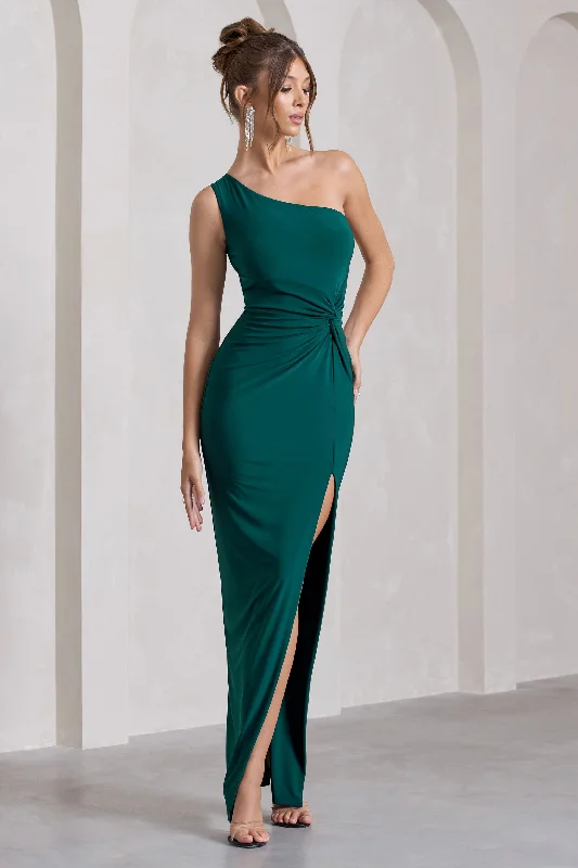 ladies-maxi-dress-white-wisp-Coralina | Bottle Green One Shoulder Open-Back Split Maxi Dress