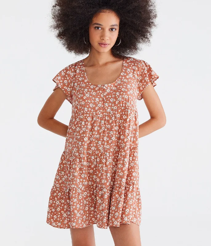 ladies-floral-dress-a-line-anemone-Aeropostale Floral Scoop-Neck Buttoned Babydoll Dress