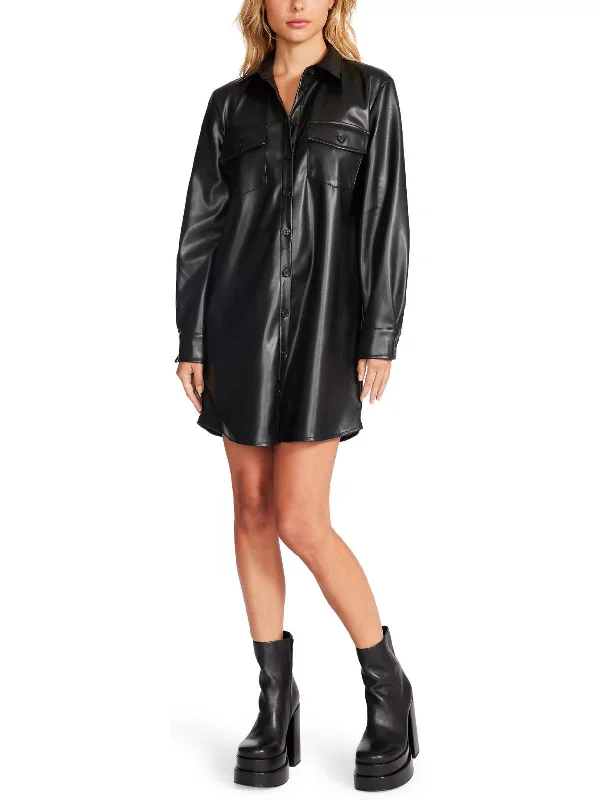 Women's mini dress edge glow -Womens Faux Leather Mini Shirtdress