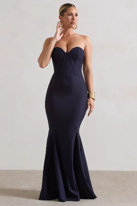 ladies-maxi-dress-tiered-trend-Idyllic | Navy Strapless Corset Style Fishtail Maxi Dress