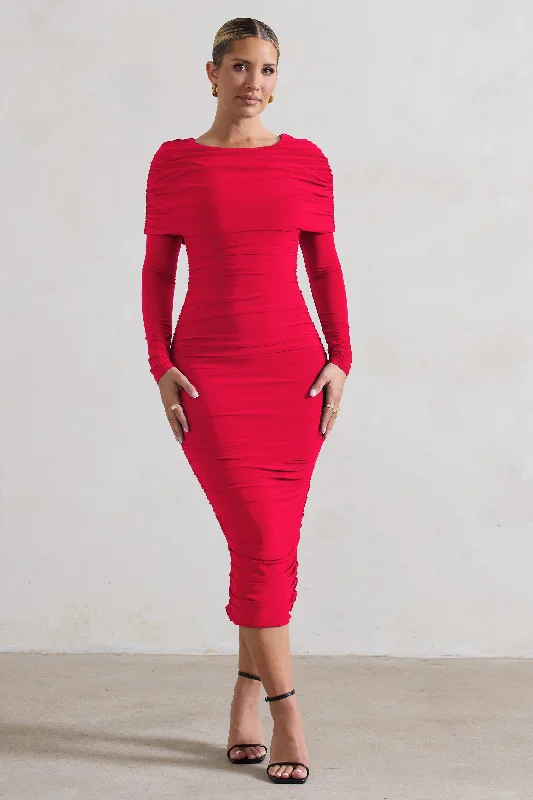 ladies-midi-dress-glitter-gleam-Lea | Red Long Sleeve Ruched Midi Dress With Draped Bardot Overlay