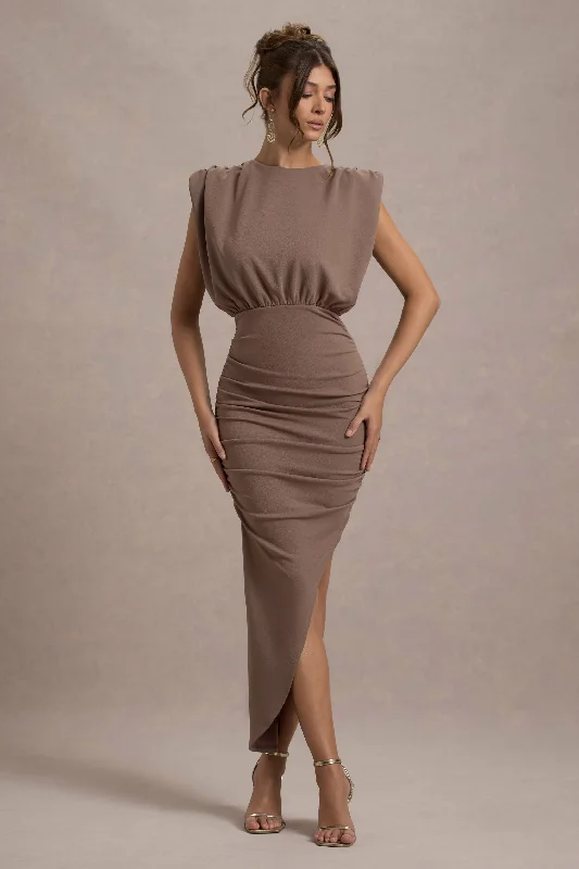 ladies-maxi-dress-feminine-flutter-Jennifer | Mocha Sleeveless Maxi Dress With Asymmetric Hem