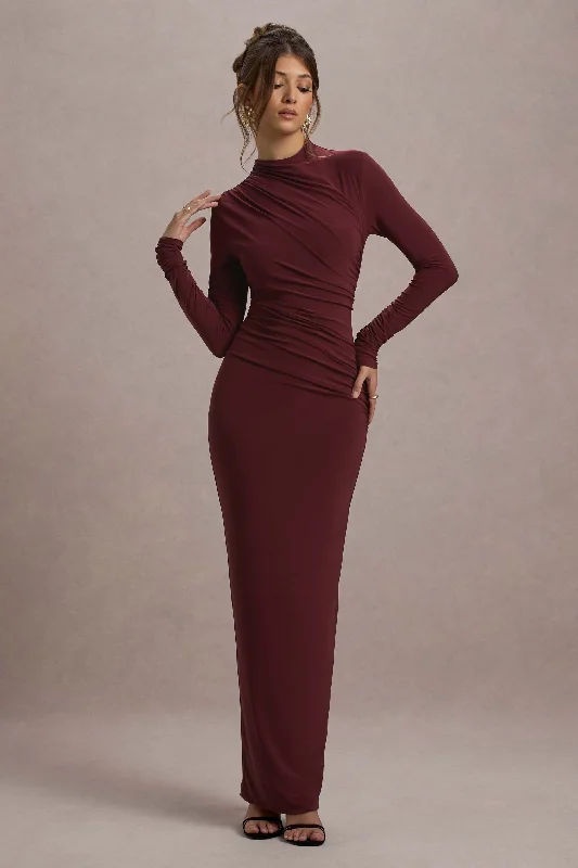 ladies-maxi-dress-bold-bloom-Hespera | Port High-Neck Long-Sleeve Gathered Maxi Dress