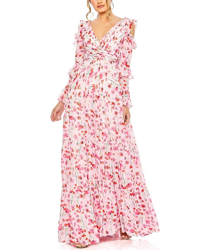 ladies-floral-dress-formal-florals-Mac Duggal Floral Print Drop Shoulder Ruffle Sleeve Gown