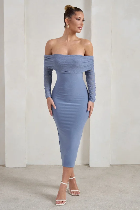 ladies-midi-dress-viral-vibe-Only You | Ice Blue Ruched Mesh Bardot Midi Dress