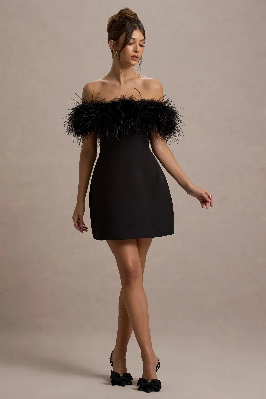 Women's mini dress knot pop -Palace | Black Bardot Mini Dress With Feather Trim