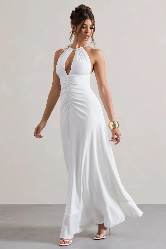 ladies-maxi-dress-everyday-essence-Naria | Cream Ruched Cut-Out Split Maxi Dress