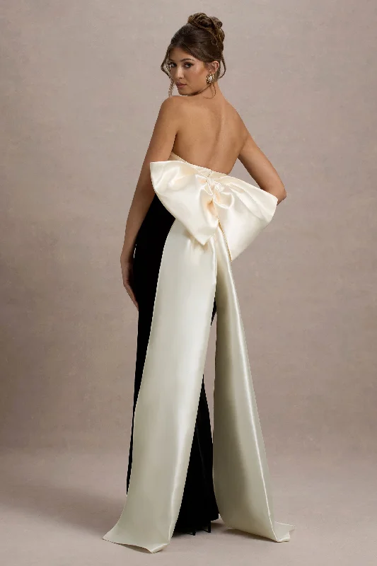 ladies-maxi-dress-satin-sweep-Take A Bow | Black & Cream Velvet Strapless Maxi Dress With Oversized Bow