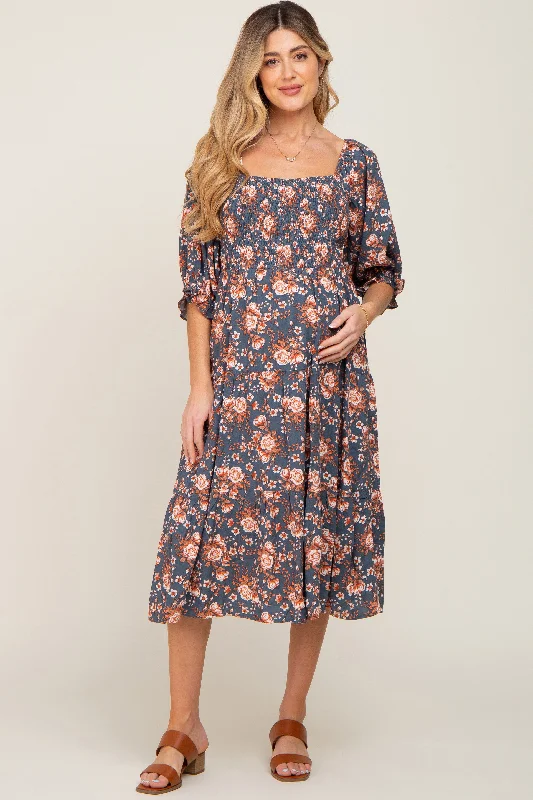 ladies-midi-dress-slit-sway-Navy Floral Smocked 3/4 Sleeve Maternity Midi Dress