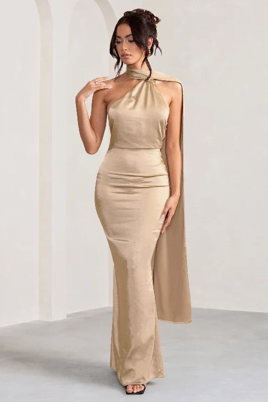 ladies-maxi-dress-office-orchid-Mademoiselle | Champagne Satin Asymmetric Scarf Neck Backless Maxi Dress