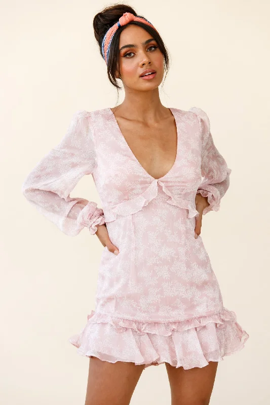 ladies-floral-dress-party-petals-Amarantha Sheer Balloon Sleeve Frill Trim Dress Floral Print Pink