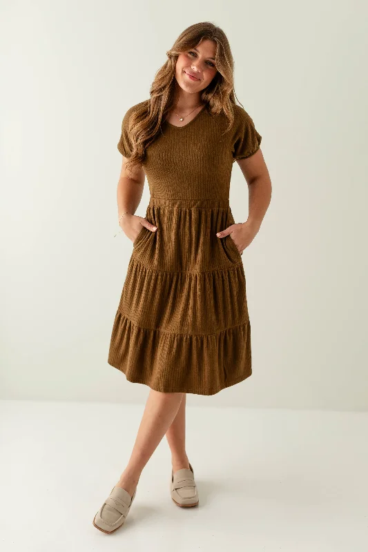 ladies-midi-dress-asymmetric-art-'Potter' Ribbed Raglan Sleeve Midi Dress in Olive Brown