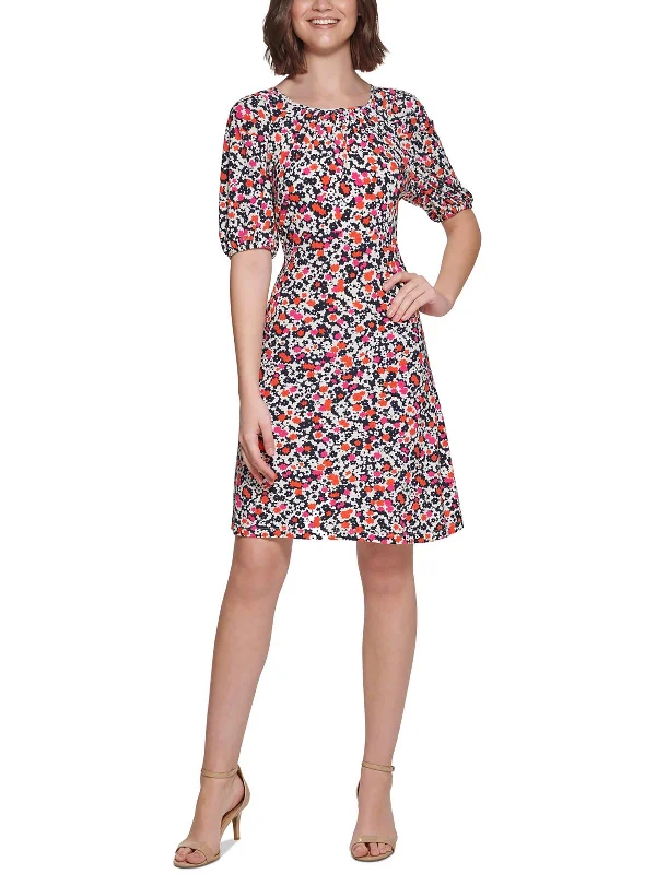 Women's mini dress time pop -Petites Womens Floral Print Mini Fit & Flare Dress