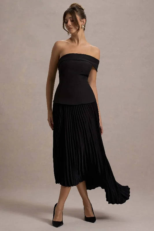 ladies-maxi-dress-tulle-twist-Pauline | Black Bardot Tailored Maxi Dress With Plisse Skirt