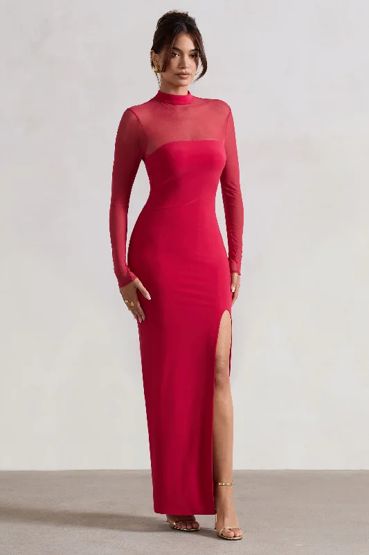 ladies-maxi-dress-sporty-sweep-Enchantress | Red High-Neck Split Maxi Dress With Mesh Sleeves