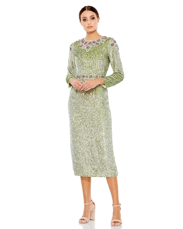 ladies-floral-dress-bell-sleeve-begonia-Floral Beaded Tea-Length Dress