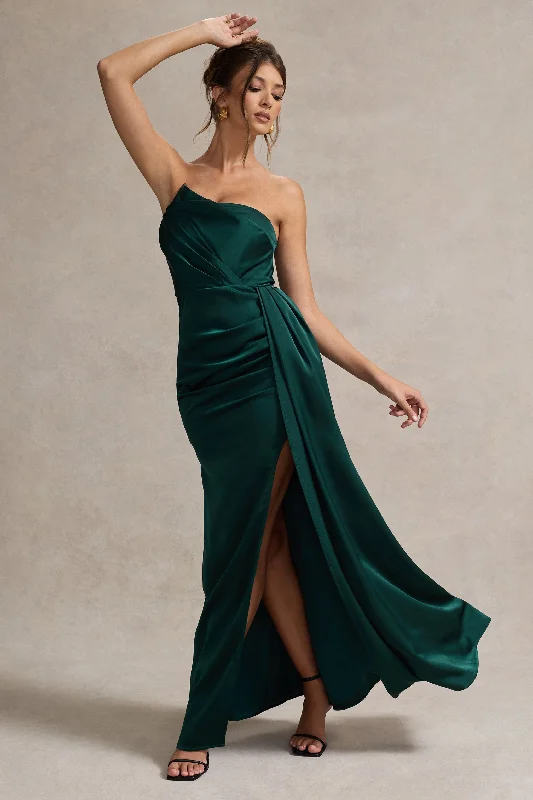 ladies-maxi-dress-mint-majesty-Hollywood | Bottle Green Satin Strapless Draped Maxi Dress