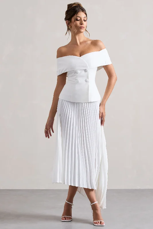 ladies-midi-dress-sweetheart-sweep-Hattie | White Bardot Tailored Midi Dress With Plisse Skirt