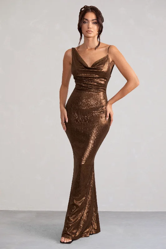 ladies-maxi-dress-tie-front-twirl-Galaxy Shimmer | Bronze Bias Cut Cowl Front Maxi Dress