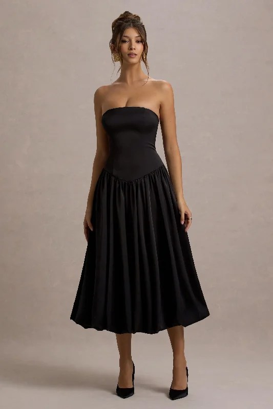 ladies-midi-dress-crochet-cool-Keyton | Black Satin Bandeau Midi Dress