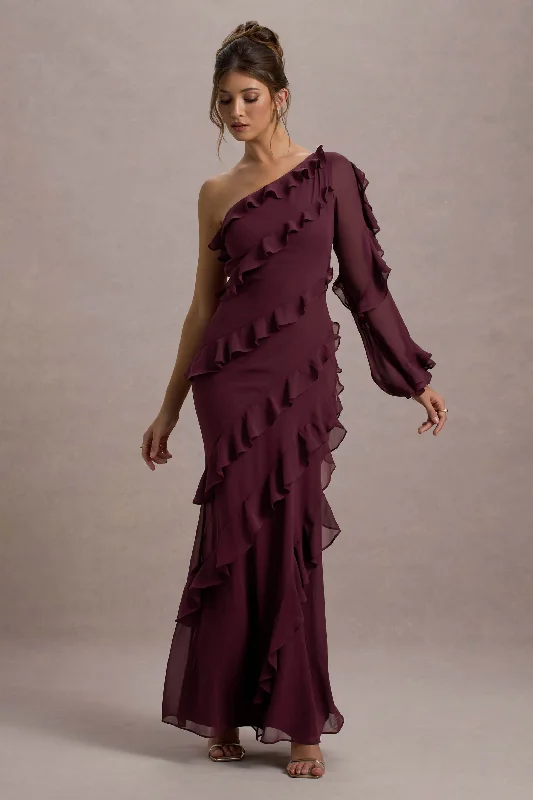 ladies-maxi-dress-90s-nostalgia-Lalika | Burgundy Asymmetric One-Sleeve Ruffle Maxi Dress