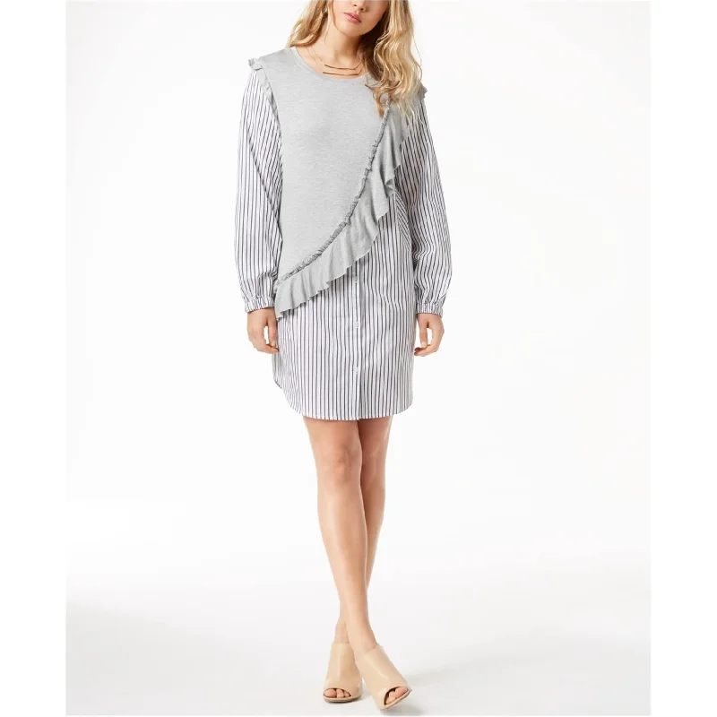 Women's shirt dress wave flair -Kensie Womens Knit Ruffle Striped Shirt Dress, Grey, Small