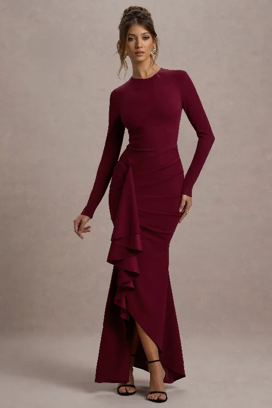 ladies-maxi-dress-ecru-essence-Alayna | Berry Long-Sleeve Maxi Dress With Ruffled Split