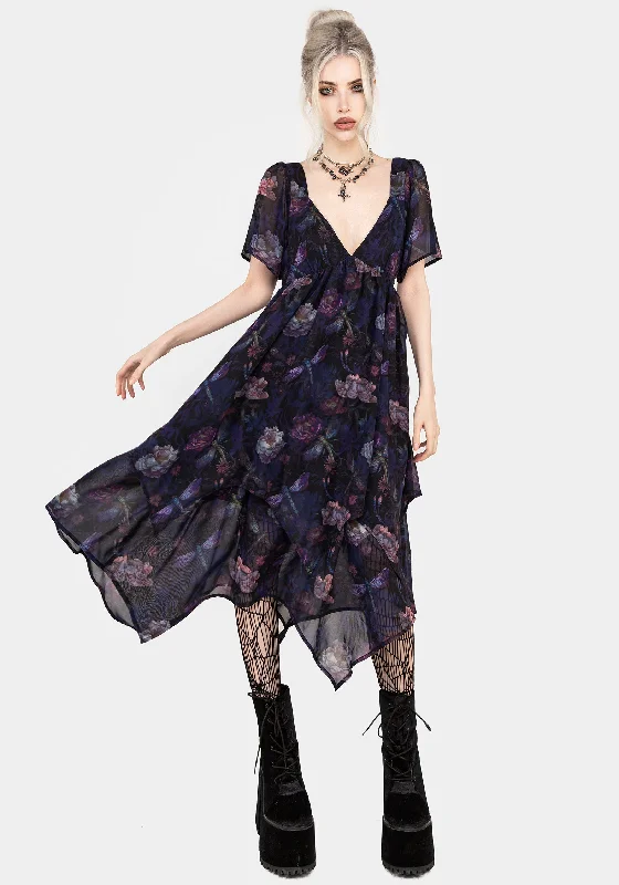 ladies-floral-dress-breathable-bud-Dragonfly Floral Print Chiffon Handkerchief Hem Dress