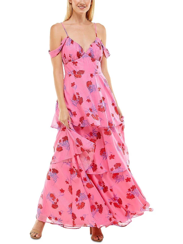 ladies-floral-dress-classic-cosmos-Juniors Womens Floral Tiered Evening Dress