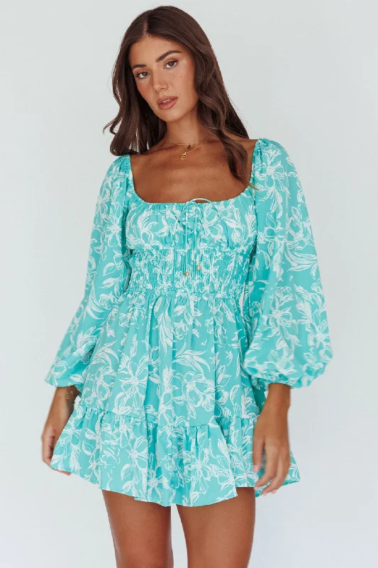 ladies-floral-dress-colorful-carnation-Amilie Shirred Long Sleeve Dress Floral Green