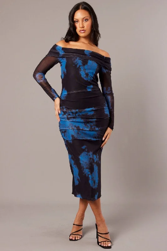 ladies-bodycon-dress-low-cut-lush-Blue Abstract Bodycon Dress