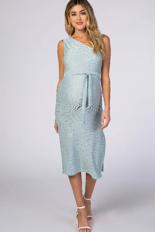 ladies-midi-dress-one-shoulder-sweep-Light Blue One Shoulder Fitted Maternity Midi Dress