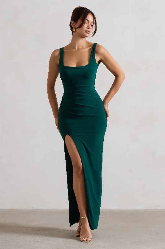 ladies-maxi-dress-ash-allure-Kate | Bottle Green Square Neck Maxi Dress with Plunge Back and Side Thigh Split