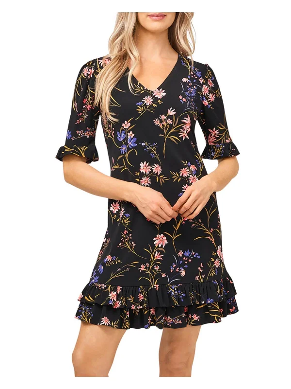 Women's mini dress happy flair -Womens Floral Ruffled Mini Dress