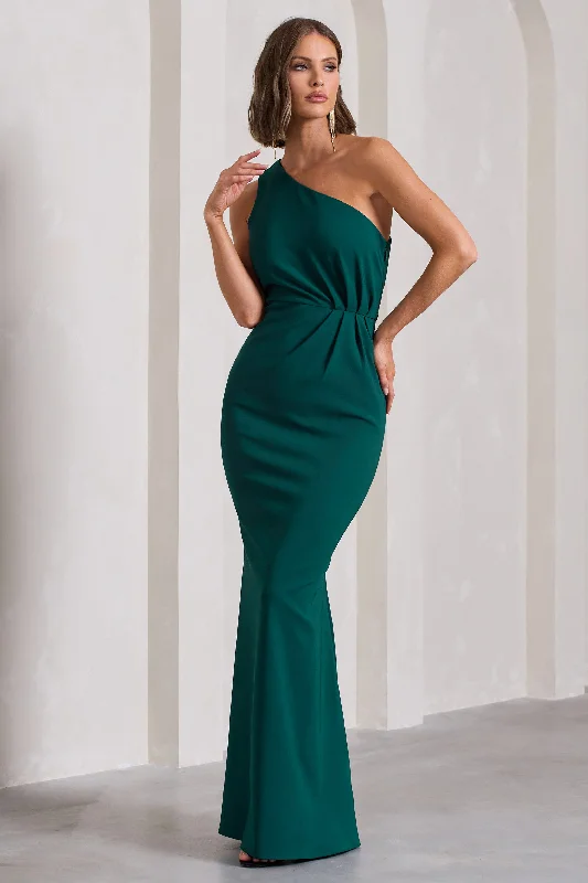 ladies-maxi-dress-maroon-muse-Michelle | Bottle Green One-Shoulder Gathered Maxi Dress