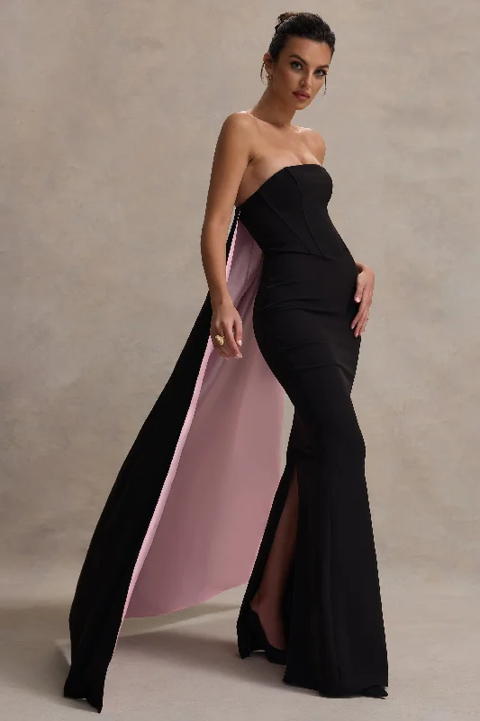 ladies-maxi-dress-cotton-crisp-She's Trouble | Black Bandeau Maxi Dress With Pink Cape