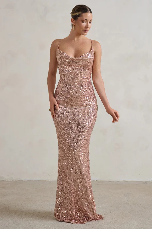 ladies-maxi-dress-viral-vibe-Seeing Stars | Champagne Cowl Cami Sequin Maxi Dress With Waist Tie