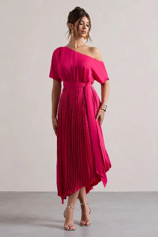 ladies-maxi-dress-plunge-poem-India | Hot Pink Satin Asymmetric Plisse Maxi Dress