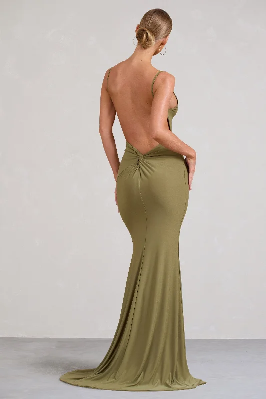 ladies-maxi-dress-shopping-sweep-Endless Love | Olive Backless Knot Detail Fishtail Maxi Dress