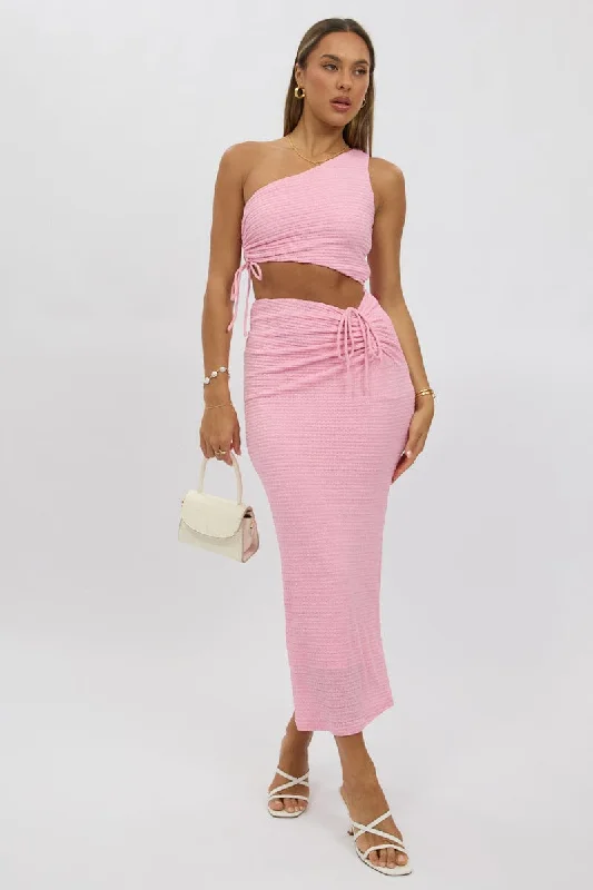 ladies-bodycon-dress-ruffle-rip-Pink Bodycon Dress One Shoulder Maxi