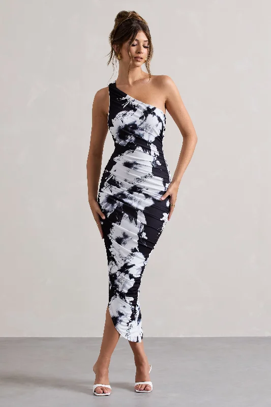 ladies-midi-dress-bright-bloom-Dorit | Monochrome Floral Print One Shoulder Asymmetric Ruched Midi Dress