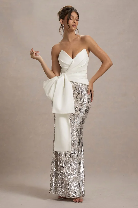 ladies-maxi-dress-tie-dye-twirl-Ceres | Ecru Strapless Draped Maxi Dress With Sequin Skirt