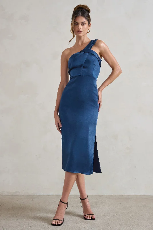 ladies-midi-dress-flattering-flow-Steffie | Navy Asymmetric Satin Midi Dress