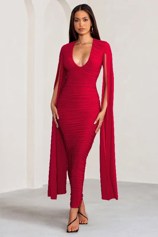 ladies-maxi-dress-travel-twirl-Georgiana | Red Plunge Ruched Maxi Dress with Cape Sleeves