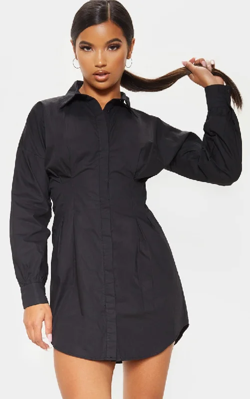 Women's shirt dress bead chic -Black Fitted Waist Shirt Dress