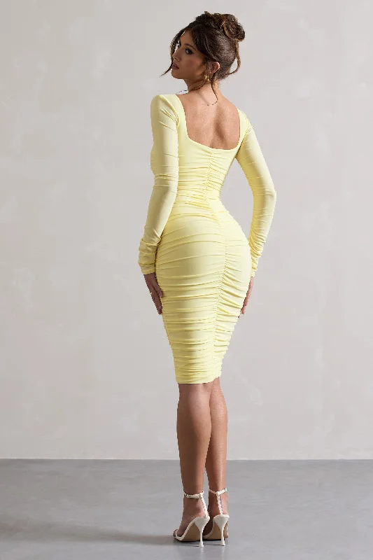 ladies-midi-dress-knee-high-chic-Seductress | Yellow Long Sleeve Square Neck Ruched Midi Dress