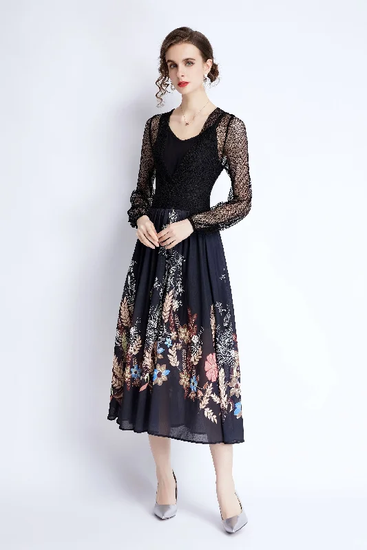 ladies-midi-dress-modern-muse-Black & Navy & Floral print Cocktail A-line Crewneck Long Sleeve Midi Printed Dress