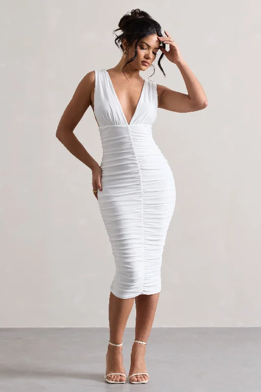 ladies-midi-dress-cotton-crisp-Attract | White Ruched Plunge-Neck Midi Dress